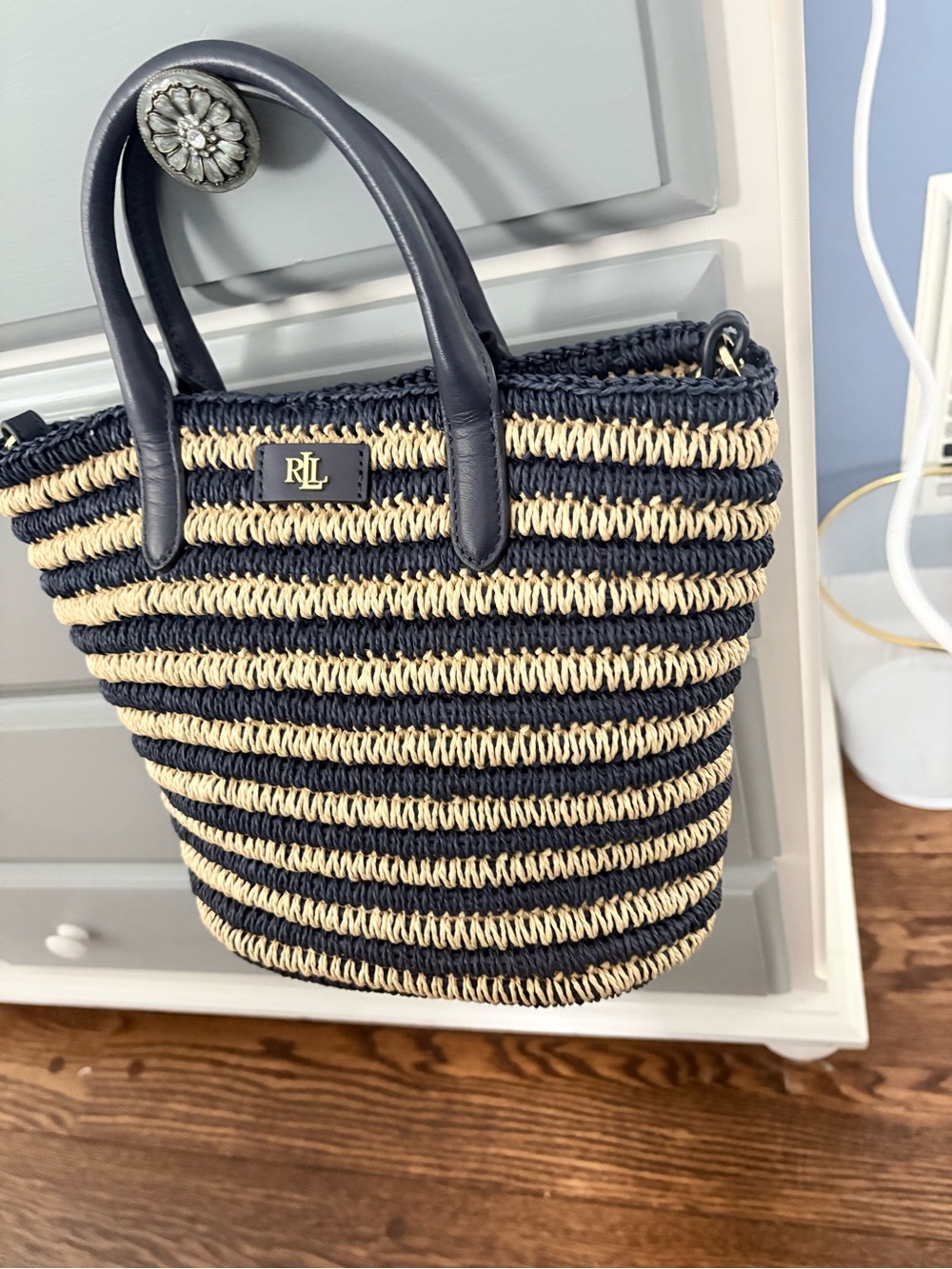 Ralph Lauren Navy and Natural Striped Straw Shoulder Tote